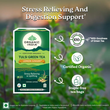 A TATA Product - Organic India Tulsi Green Tea Lemon Ginger - 25 Teabags, Herbal Blend with Green-Tea, Tulsi, Lemon & Ginger, Supports Digestion, Refreshing Taste, Natural Ingredients